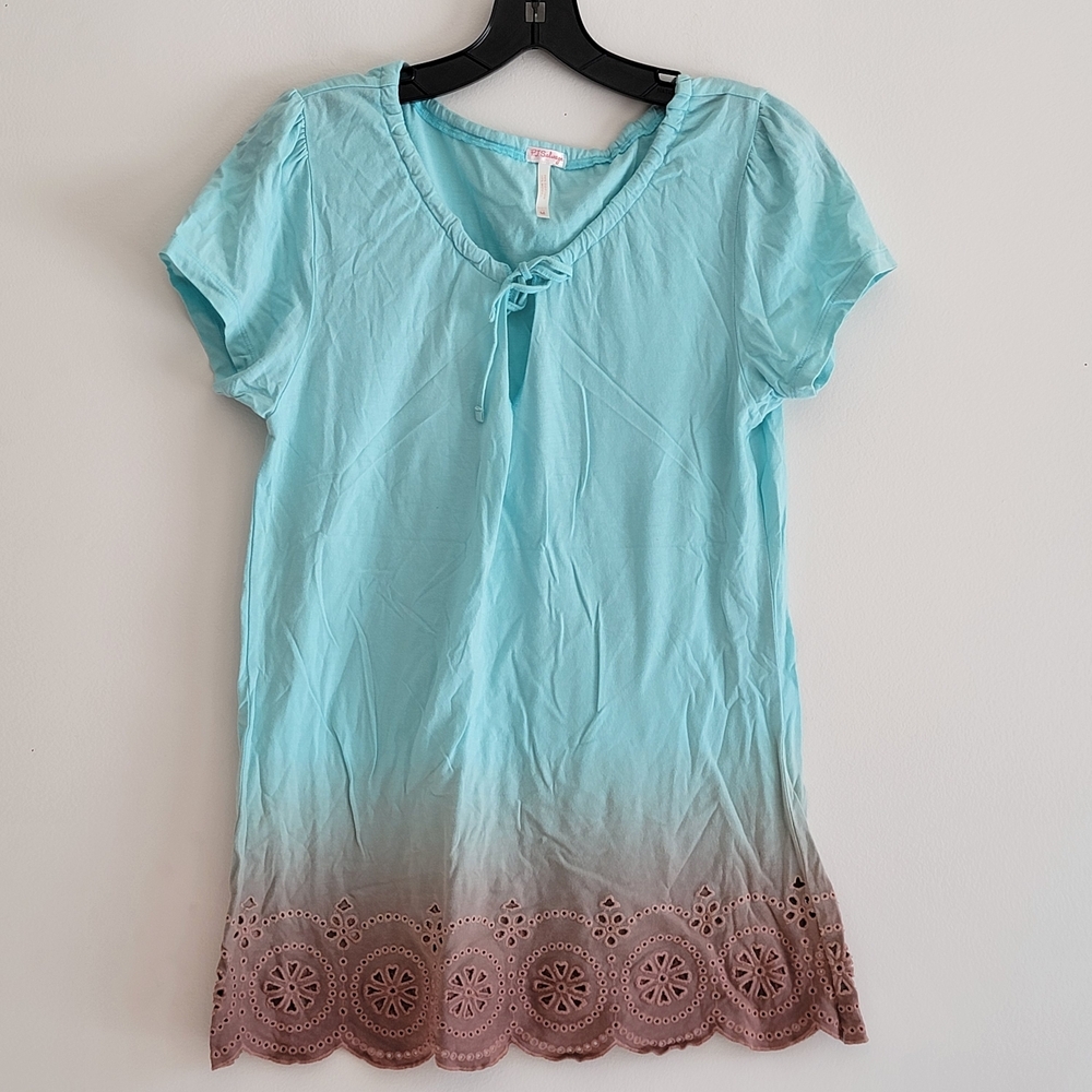 PJ Salvage Aqua Taupe Dip Dye Laser Cut Eyelet Short Sleeve Top Medium